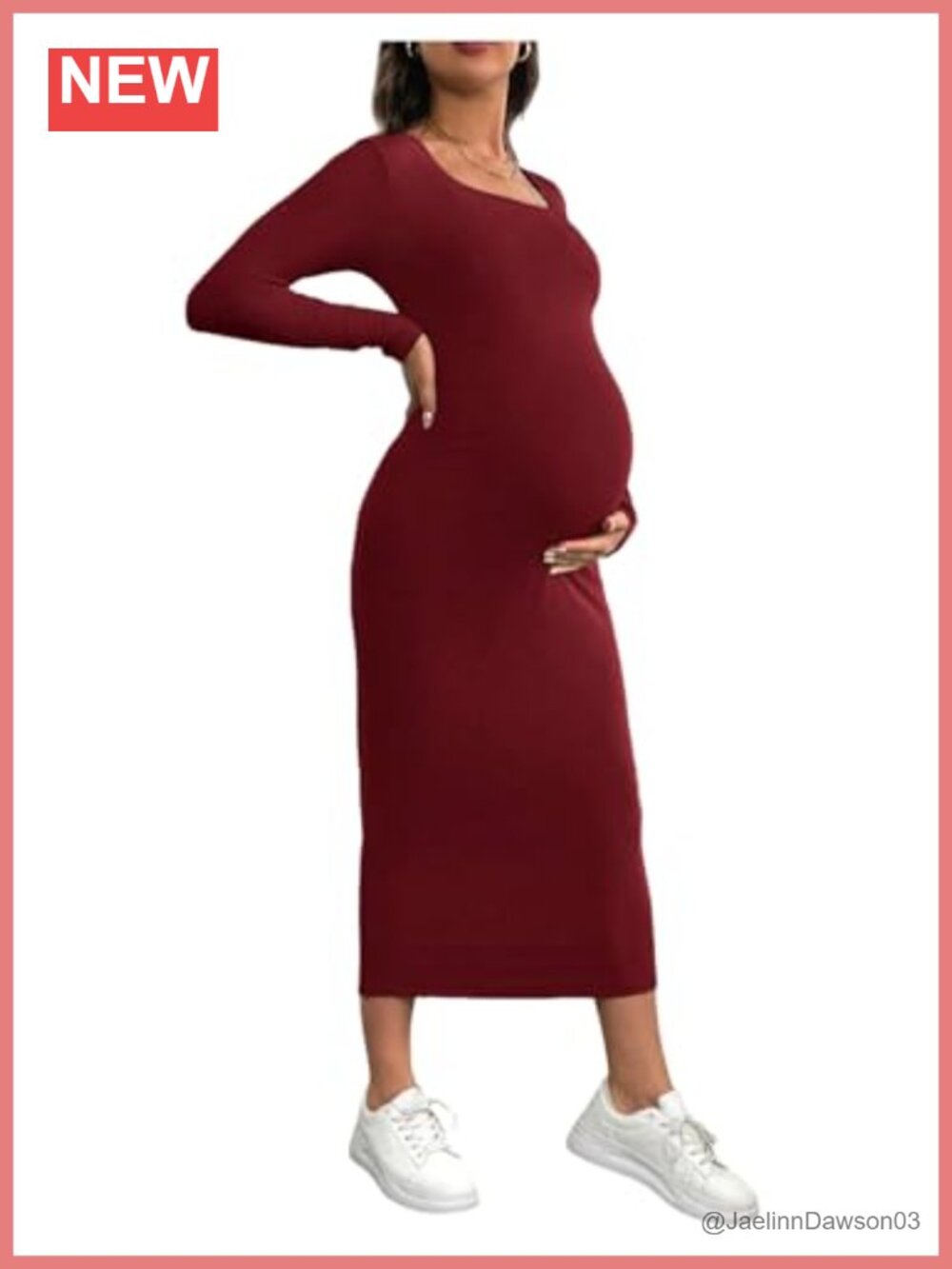 Maternity Ribbed Long Sleeve Scoop Neck Bodycon Baby Shower Dress